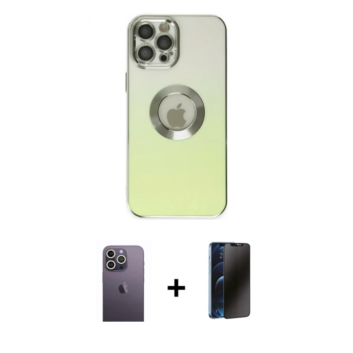 MARSİLYAN™- iPhone 12 Pro Max Kılıf Kutup Yansıma Özel Seri - Siyah 3D Antistatik Hayalet Cam Ekran Koruyucu + Neon Fosforlu Kamera Lens - BZ