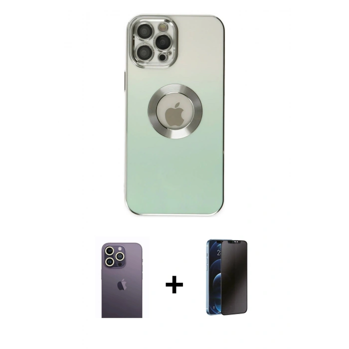 MARSİLYAN™- iPhone 12 Pro Max Kılıf Kutup Yansıma Özel Seri - Siyah 3D Antistatik Hayalet Cam Ekran Koruyucu + Neon Fosforlu Kamera Lens - BZ