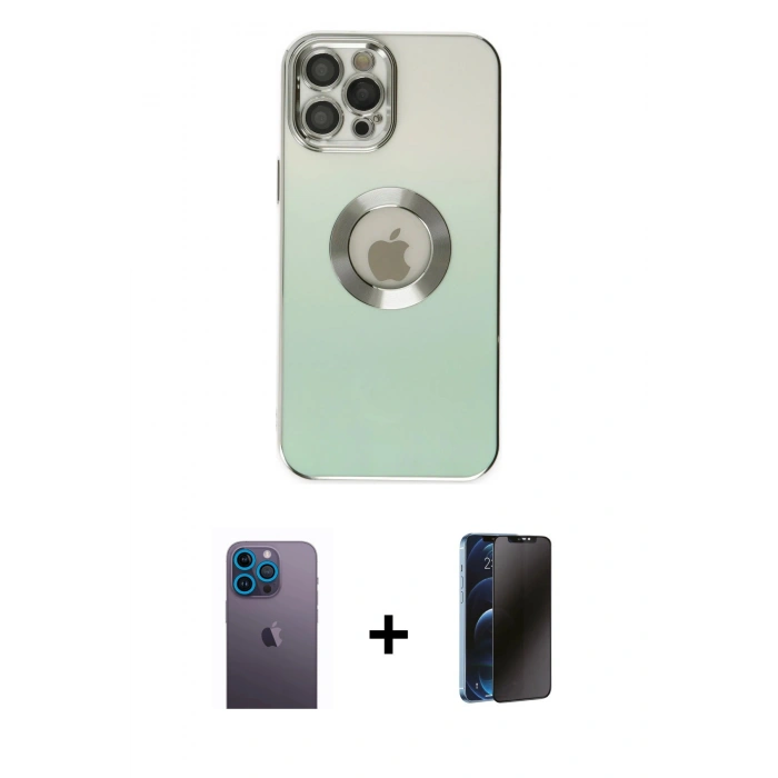 MARSİLYAN™- iPhone 12 Pro Max Kılıf Kutup Yansıma Özel Seri - Siyah 3D Antistatik Hayalet Cam Ekran Koruyucu + Mavi Neon Fosforlu Kamera Lens