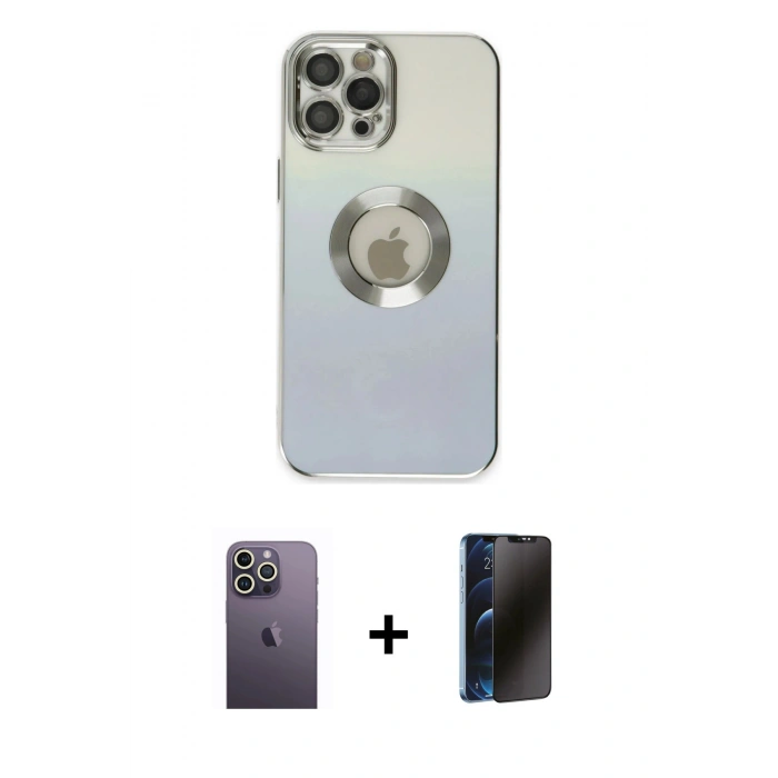 MARSİLYAN™- iPhone 12 Pro Max Kılıf Kutup Yansıma Özel Seri - Siyah 3D Antistatik Hayalet Cam Ekran Koruyucu + Neon Fosforlu Kamera Lens - BZ