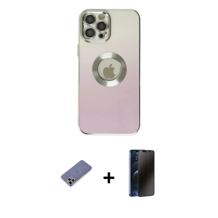 MARSİLYAN™- iPhone 12 Pro Max Kılıf Kutup Yansıma Özel Seri - Siyah 3D Antistatik Hayalet Cam Ekran Koruyucu + Gold Metal Kamera Lens Koruma Cam