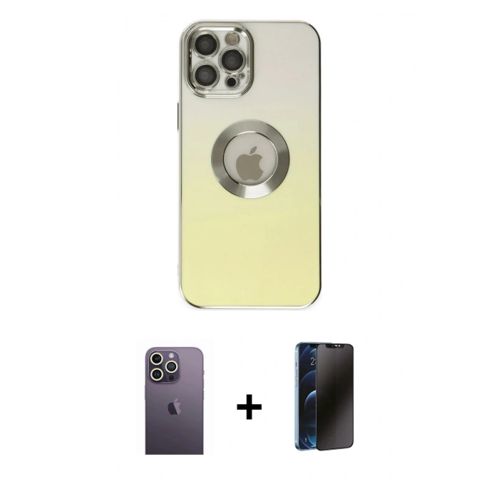 MARSİLYAN™- iPhone 12 Pro Max Kılıf Kutup Yansıma Özel Seri - Siyah 3D Antistatik Hayalet Cam Ekran Koruyucu + Neon Fosforlu Kamera Lens - BZ
