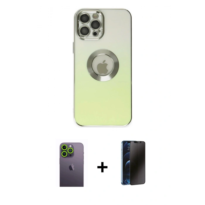 MARSİLYAN™- iPhone 12 Pro Max Kılıf Kutup Yansıma Özel Seri - Siyah 3D Antistatik Hayalet Cam Ekran Koruyucu + Neon Fosforlu Kamera Lens - YL