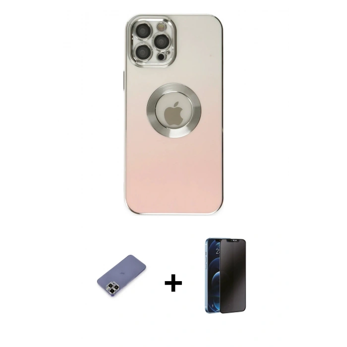 MARSİLYAN™- iPhone 12 Pro Max Kılıf Kutup Yansıma Özel Seri - Siyah 3D Antistatik Hayalet Cam Ekran Koruyucu + Gold Metal Kamera Lens Koruma Cam