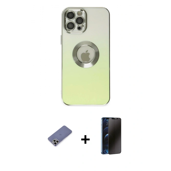 MARSİLYAN™- iPhone 12 Pro Max Kılıf Kutup Yansıma Özel Seri - Siyah 3D Antistatik Hayalet Cam Ekran Koruyucu + Gold Metal Kamera Lens Koruma Cam