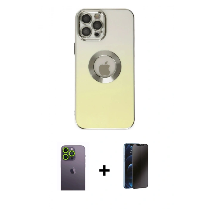 MARSİLYAN™- iPhone 12 Pro Max Kılıf Kutup Yansıma Özel Seri - Siyah 3D Antistatik Hayalet Cam Ekran Koruyucu + Neon Fosforlu Kamera Lens - YL