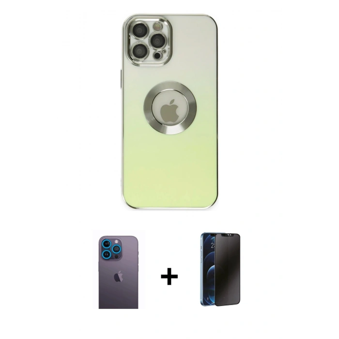 MARSİLYAN™- iPhone 12 Pro Max Kılıf Kutup Yansıma Özel Seri - Siyah 3D Antistatik Hayalet Cam Ekran Koruyucu + Mavi Neon Fosforlu Kamera Lens