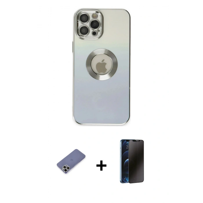 MARSİLYAN™- iPhone 12 Pro Max Kılıf Kutup Yansıma Özel Seri - Siyah 3D Antistatik Hayalet Cam Ekran Koruyucu + Gold Metal Kamera Lens Koruma Cam