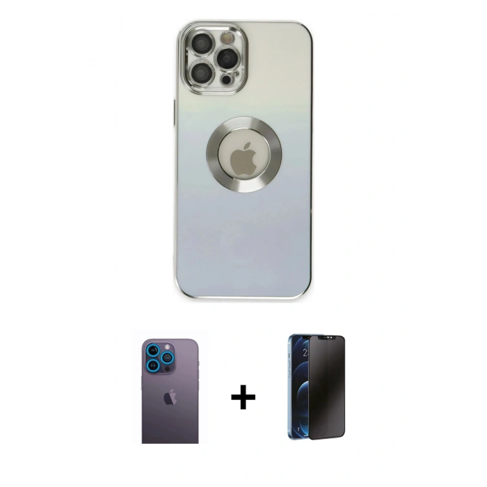 MARSİLYAN™- iPhone 12 Pro Max Kılıf Kutup Yansıma Özel Seri - Siyah 3D Antistatik Hayalet Cam Ekran Koruyucu + Mavi Neon Fosforlu Kamera Lens