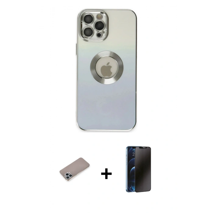 MARSİLYAN™- iPhone 12 Pro Max Kılıf Kutup Yansıma Özel Seri - Siyah 3D Antistatik Hayalet Cam Ekran Koruyucu + Shine Kamera Lens Koruma Cam - SABE