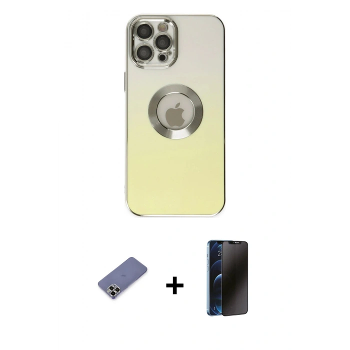 MARSİLYAN™- iPhone 12 Pro Max Kılıf Kutup Yansıma Özel Seri - Siyah 3D Antistatik Hayalet Cam Ekran Koruyucu + Gold Metal Kamera Lens Koruma Cam
