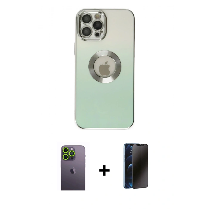 MARSİLYAN™- iPhone 12 Pro Max Kılıf Kutup Yansıma Özel Seri - Siyah 3D Antistatik Hayalet Cam Ekran Koruyucu + Neon Fosforlu Kamera Lens - YL