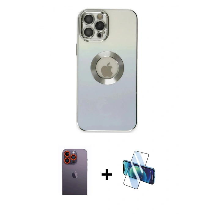 MARSİLYAN™- iPhone 12 Pro Max Kılıf Kutup Yansıma Özel Seri - Siyah 3D Antistatik Seramik Nano Ekran Koruyucu + Neon Fosforlu Kamera Lens - TU