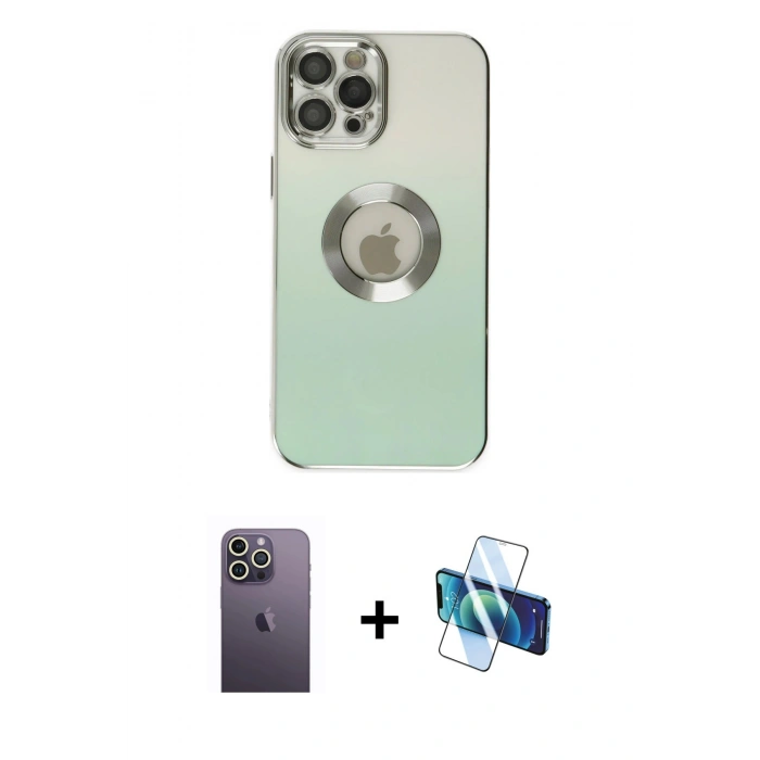 MARSİLYAN™- iPhone 12 Pro Max Kılıf Kutup Yansıma Özel Seri - Siyah 3D Antistatik Seramik Nano Ekran Koruyucu + Beyaz Neon Fosforlu Kamera Lens