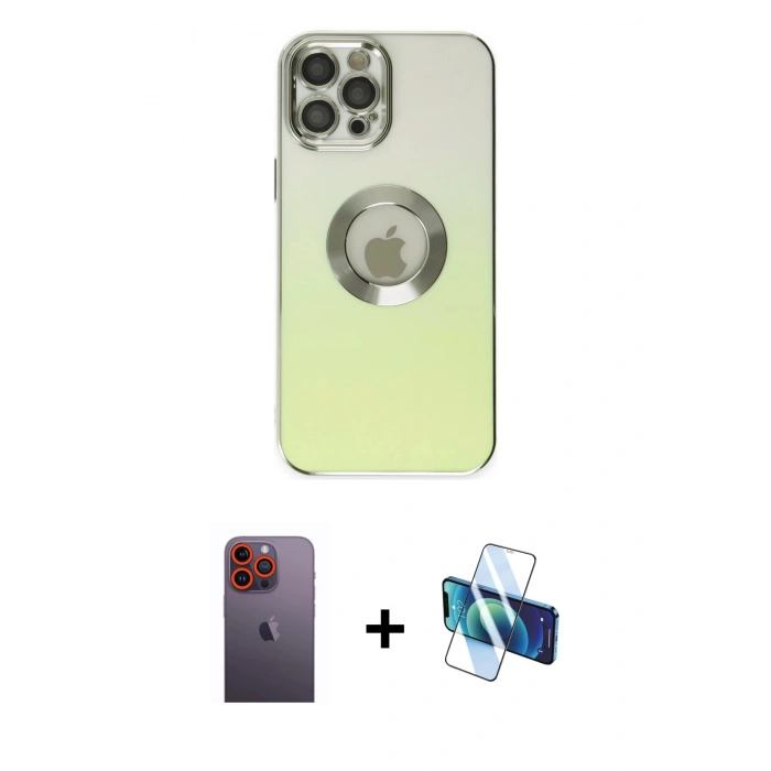 MARSİLYAN™- iPhone 12 Pro Max Kılıf Kutup Yansıma Özel Seri - Siyah 3D Antistatik Seramik Nano Ekran Koruyucu + Neon Fosforlu Kamera Lens - TU