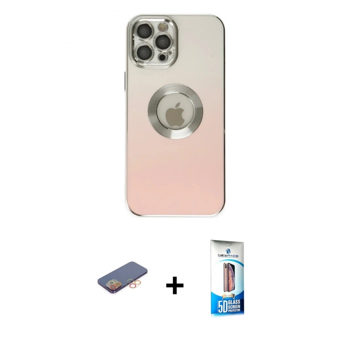 MARSİLYAN™- iPhone 12 Pro Max Kılıf Kutup Yansıma Özel Seri - Siyah 5D Eko Cam Ekran Koruyucu + Turuncu Renkli Kamera Lens Koruma Cam