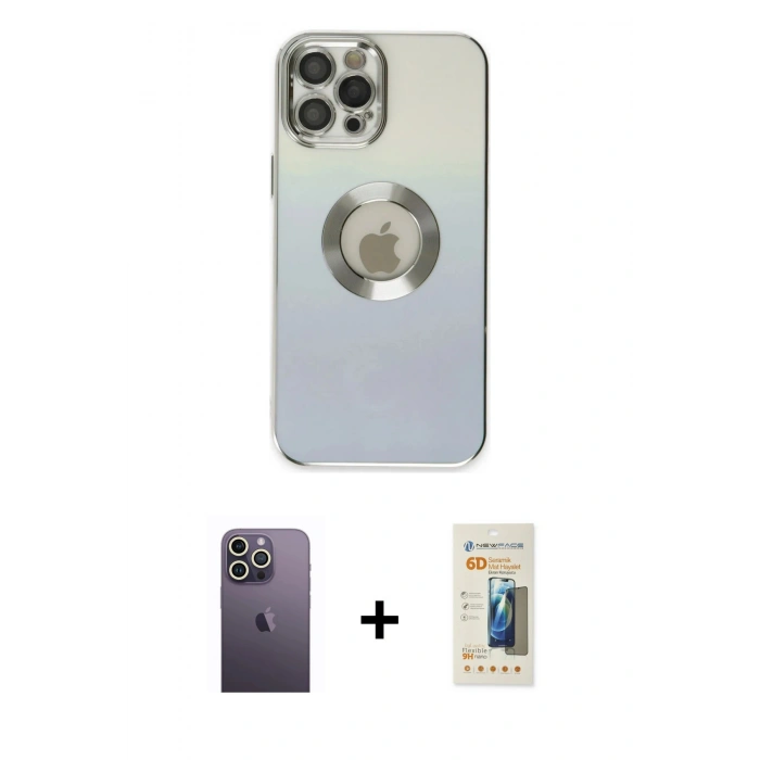 MARSİLYAN™- iPhone 12 Pro Max Kılıf Kutup Yansıma Özel Seri - Siyah 6D Mat Seramik Hayalet Nano Ekran Koruyucu + Neon Fosforlu Kamera Lens - BZ