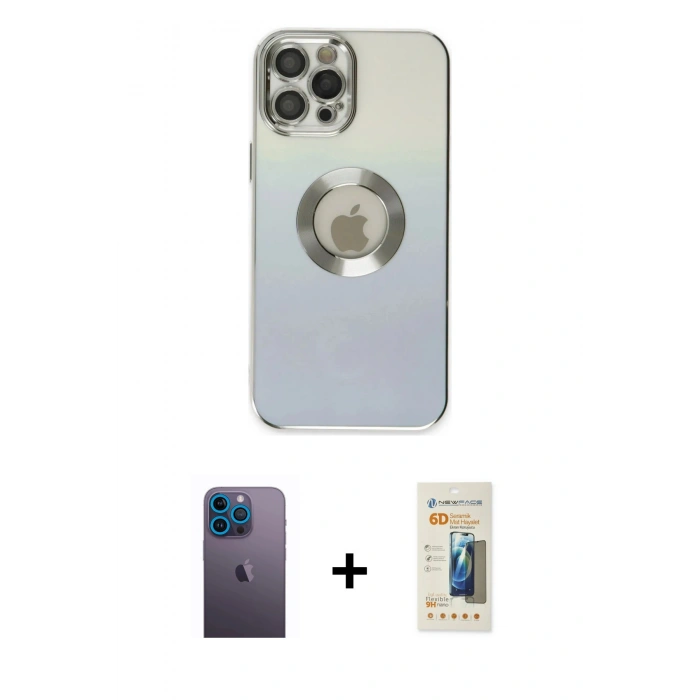 MARSİLYAN™- iPhone 12 Pro Max Kılıf Kutup Yansıma Özel Seri - Siyah 6D Mat Seramik Hayalet Nano Ekran Koruyucu + Neon Fosforlu Kamera Lens - MI