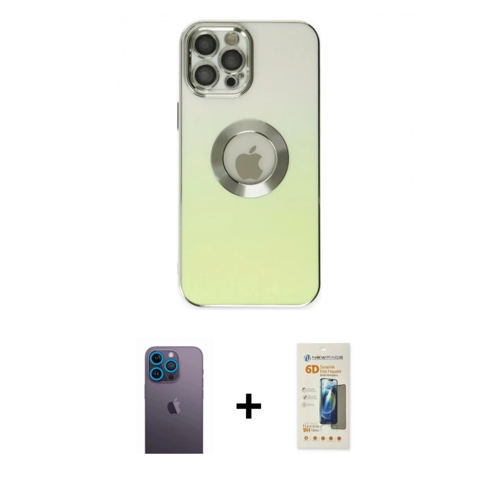 MARSİLYAN™- iPhone 12 Pro Max Kılıf Kutup Yansıma Özel Seri - Siyah 6D Mat Seramik Hayalet Nano Ekran Koruyucu + Neon Fosforlu Kamera Lens - MI