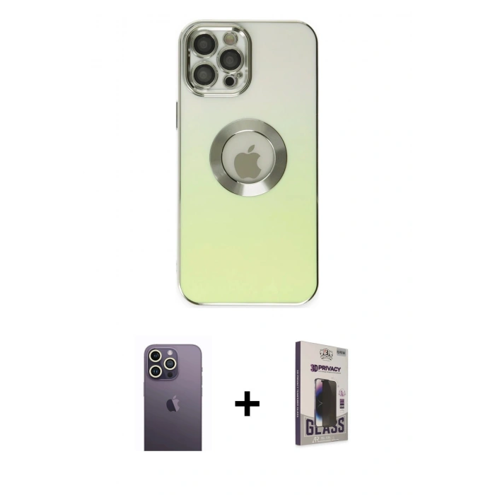 MARSİLYAN™- iPhone 12 Pro Max Kılıf Kutup Yansıma Özel Seri - Siyah Bilvis Hayalet Cam Ekran Koruyucu + Beyaz Neon Fosforlu Kamera Lens