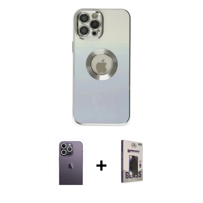 MARSİLYAN™- iPhone 12 Pro Max Kılıf Kutup Yansıma Özel Seri - Siyah Bilvis Hayalet Cam Ekran Koruyucu + Beyaz Neon Fosforlu Kamera Lens