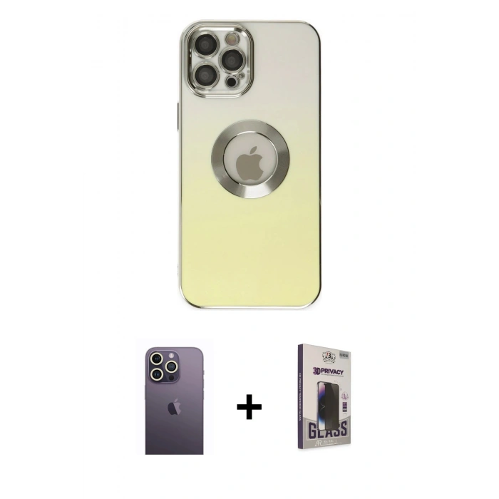 MARSİLYAN™- iPhone 12 Pro Max Kılıf Kutup Yansıma Özel Seri - Siyah Bilvis Hayalet Cam Ekran Koruyucu + Beyaz Neon Fosforlu Kamera Lens