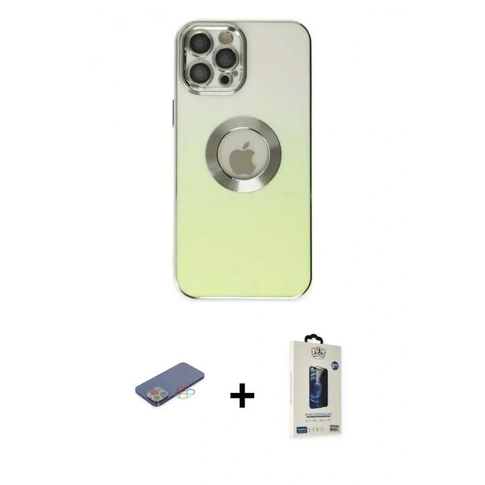 MARSİLYAN™- iPhone 12 Pro Max Kılıf Kutup Yansıma Özel Seri - Siyah Bilvis Hayalet Cam Ekran Koruyucu + Renkli Kamera Lens Koruma Cam - MI