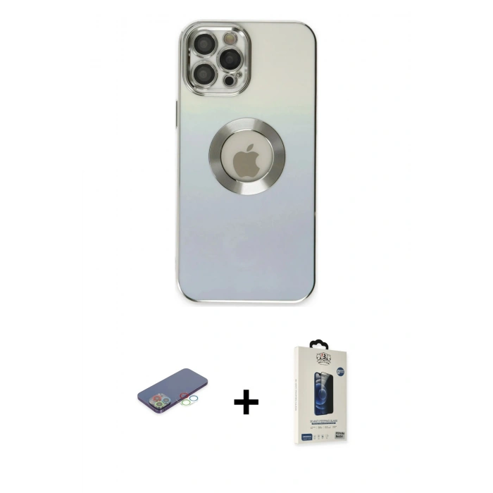MARSİLYAN™- iPhone 12 Pro Max Kılıf Kutup Yansıma Özel Seri - Siyah Bilvis Hayalet Cam Ekran Koruyucu + Renkli Kamera Lens Koruma Cam - MI