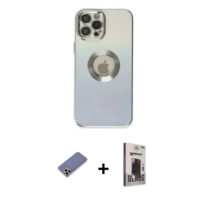 MARSİLYAN™- iPhone 12 Pro Max Kılıf Kutup Yansıma Özel Seri - Siyah Bilvis Hayalet Cam Ekran Koruyucu + Metal Kamera Lens Koruma Cam - GD