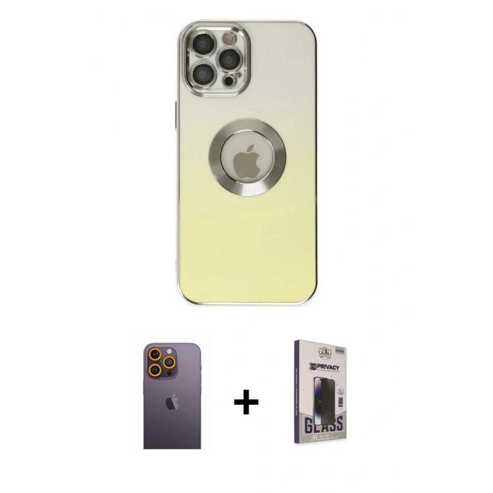 MARSİLYAN™- iPhone 12 Pro Max Kılıf Kutup Yansıma Özel Seri - Siyah Bilvis Hayalet Cam Ekran Koruyucu + Neon Fosforlu Kamera Lens - SI