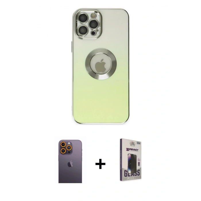 MARSİLYAN™- iPhone 12 Pro Max Kılıf Kutup Yansıma Özel Seri - Siyah Bilvis Hayalet Cam Ekran Koruyucu + Neon Fosforlu Kamera Lens - SI