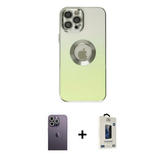 MARSİLYAN™- iPhone 12 Pro Max Kılıf Kutup Yansıma Özel Seri - Siyah Bilvis Hayalet Cam Ekran Koruyucu + Neon Fosforlu Kamera Lens - BZ