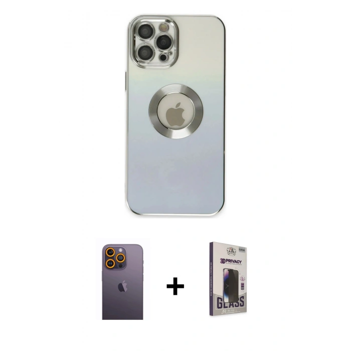 MARSİLYAN™- iPhone 12 Pro Max Kılıf Kutup Yansıma Özel Seri - Siyah Bilvis Hayalet Cam Ekran Koruyucu + Neon Fosforlu Kamera Lens - SI