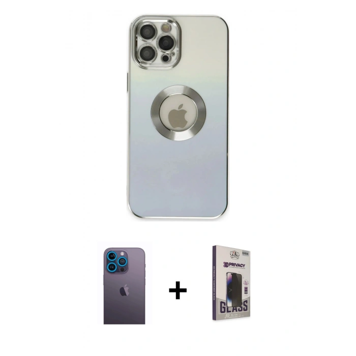 MARSİLYAN™- iPhone 12 Pro Max Kılıf Kutup Yansıma Özel Seri - Siyah Bilvis Hayalet Cam Ekran Koruyucu + Neon Fosforlu Kamera Lens - MI
