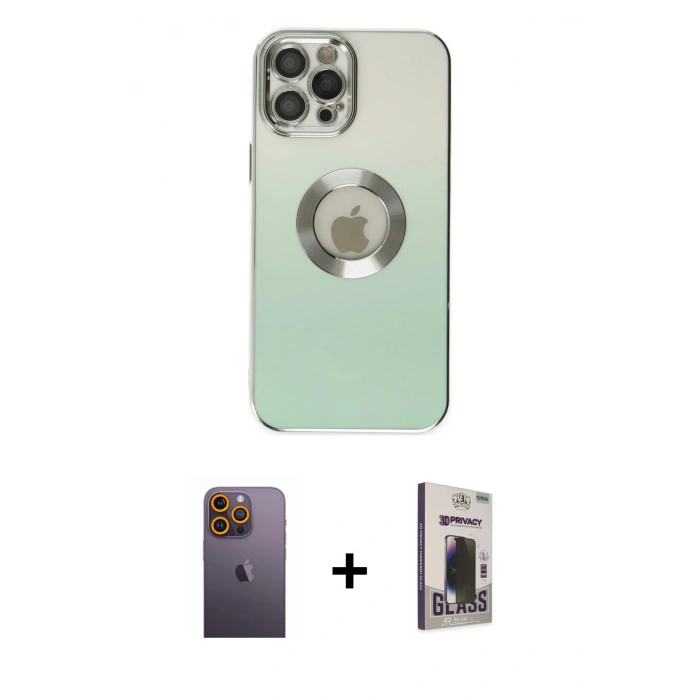 MARSİLYAN™- iPhone 12 Pro Max Kılıf Kutup Yansıma Özel Seri - Siyah Bilvis Hayalet Cam Ekran Koruyucu + Neon Fosforlu Kamera Lens - SI