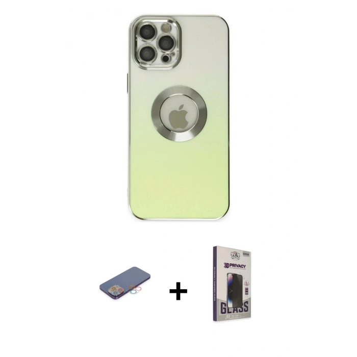MARSİLYAN™- iPhone 12 Pro Max Kılıf Kutup Yansıma Özel Seri - Siyah Bilvis Hayalet Cam Ekran Koruyucu + Pembe Renkli Kamera Lens Koruma Cam
