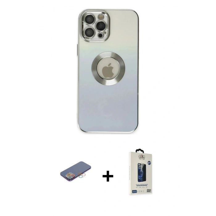 MARSİLYAN™- iPhone 12 Pro Max Kılıf Kutup Yansıma Özel Seri - Siyah Bilvis Hayalet Cam Ekran Koruyucu + Renkli Kamera Lens Koruma Cam - PE
