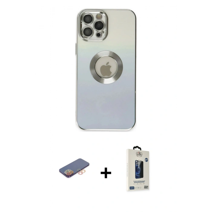 MARSİLYAN™- iPhone 12 Pro Max Kılıf Kutup Yansıma Özel Seri - Siyah Bilvis Hayalet Cam Ekran Koruyucu + Renkli Kamera Lens Koruma Cam - TU