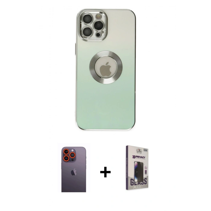 MARSİLYAN™- iPhone 12 Pro Max Kılıf Kutup Yansıma Özel Seri - Siyah Bilvis Hayalet Cam Ekran Koruyucu + Neon Fosforlu Kamera Lens - TU