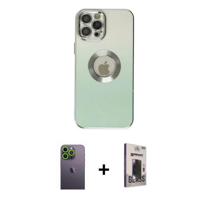 MARSİLYAN™- iPhone 12 Pro Max Kılıf Kutup Yansıma Özel Seri - Siyah Bilvis Hayalet Cam Ekran Koruyucu + Yeşil Neon Fosforlu Kamera Lens