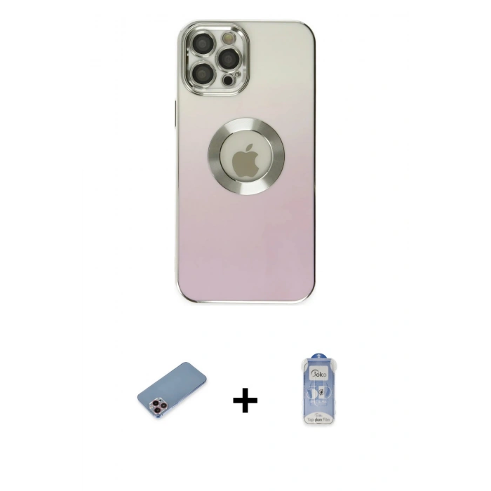 MARSİLYAN™- iPhone 12 Pro Max Kılıf Kutup Yansıma Özel Seri - Siyah Joko Magic 5D Cam + Pembe Shine Kamera Lens Koruma Cam