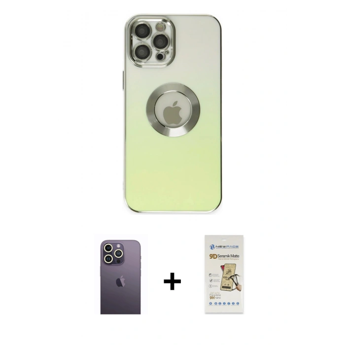 MARSİLYAN™- iPhone 12 Pro Max Kılıf Kutup Yansıma Özel Seri - Siyah Mat Seramik Nano Ekran Koruyucu + Neon Fosforlu Kamera Lens - BZ