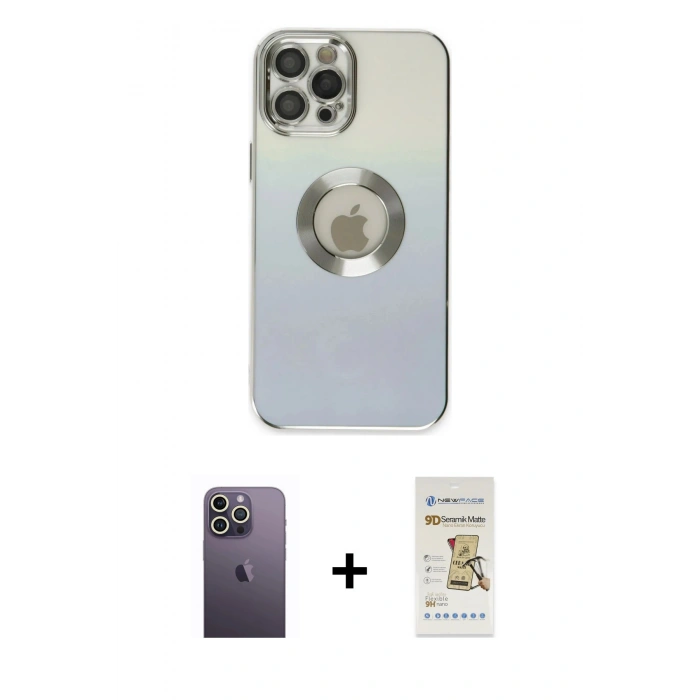 MARSİLYAN™- iPhone 12 Pro Max Kılıf Kutup Yansıma Özel Seri - Siyah Mat Seramik Nano Ekran Koruyucu + Neon Fosforlu Kamera Lens - BZ
