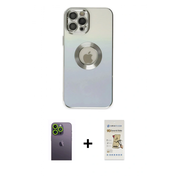 MARSİLYAN™- iPhone 12 Pro Max Kılıf Kutup Yansıma Özel Seri - Siyah Mat Seramik Nano Ekran Koruyucu + Neon Fosforlu Kamera Lens - YL