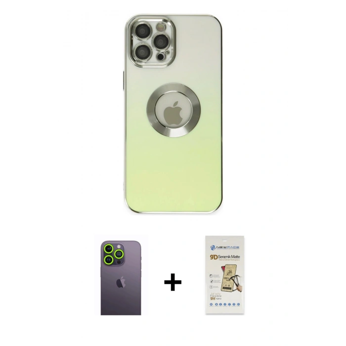 MARSİLYAN™- iPhone 12 Pro Max Kılıf Kutup Yansıma Özel Seri - Siyah Mat Seramik Nano Ekran Koruyucu + Neon Fosforlu Kamera Lens - YL