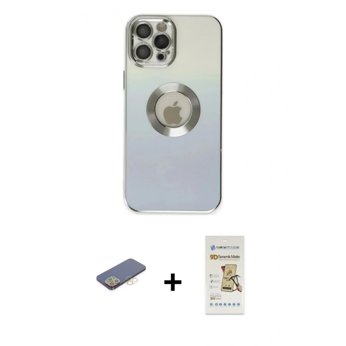 MARSİLYAN™- iPhone 12 Pro Max Kılıf Kutup Yansıma Özel Seri - Siyah Mat Seramik Nano Ekran Koruyucu + Sarı Renkli Kamera Lens Koruma Cam