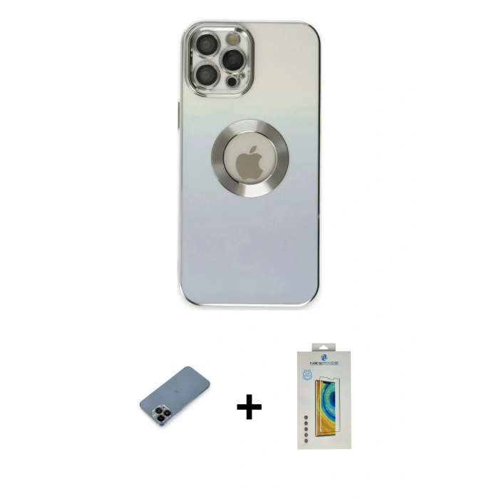 MARSİLYAN™- iPhone 12 Pro Max Kılıf Kutup Yansıma Özel Seri - Siyah Polymer Nano Ekran Koruyucu + Siyah Shine Kamera Lens Koruma Cam