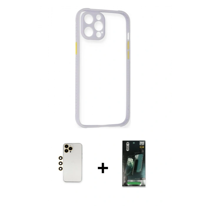 MARSİLYAN™- iPhone 12 Pro Max Kılıf Nova Asil Özel Seri - Şeffaf 360 Full Body Arka Koruyucu + Gold Shine Kamera Lens