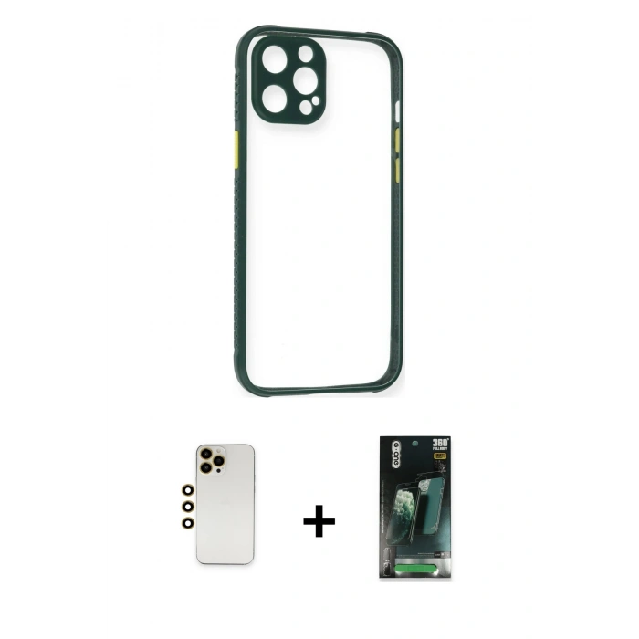 MARSİLYAN™- iPhone 12 Pro Max Kılıf Nova Asil Özel Seri - Şeffaf 360 Full Body Arka Koruyucu + Gold Shine Kamera Lens