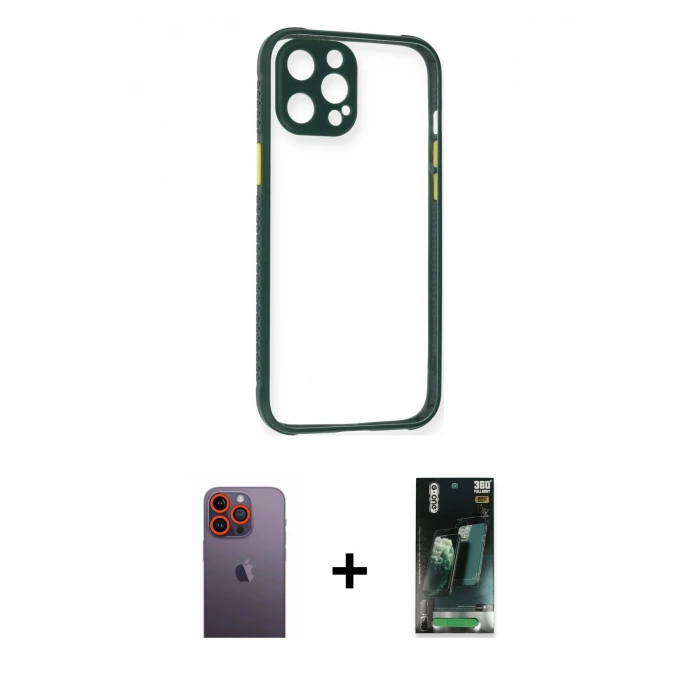 MARSİLYAN™- iPhone 12 Pro Max Kılıf Nova Asil Özel Seri - Şeffaf 360 Full Body Arka Koruyucu + Neon Fosforlu Kamera Lens - TU